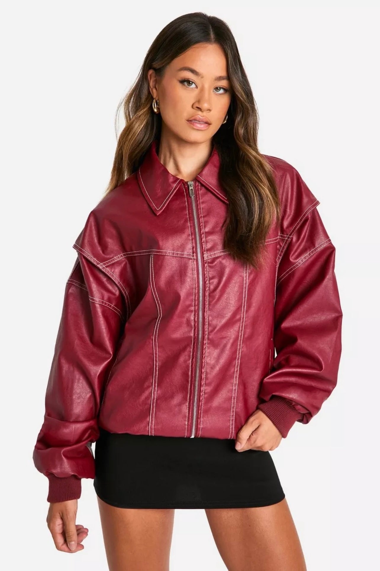 Kirschrote ECO Lederjacke mit ausgestelltem Kragen