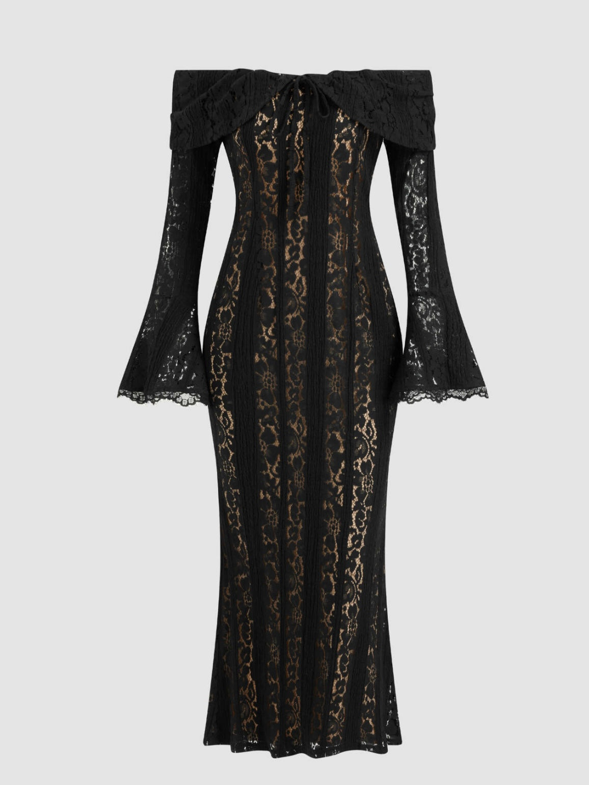 Schulterfreies Maxikleid aus Spitze mit Unterkleid