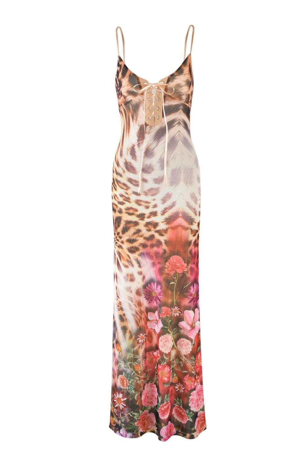 Rückenfreies Beach Maxikleid – Leopard Floral Design - Sorentis