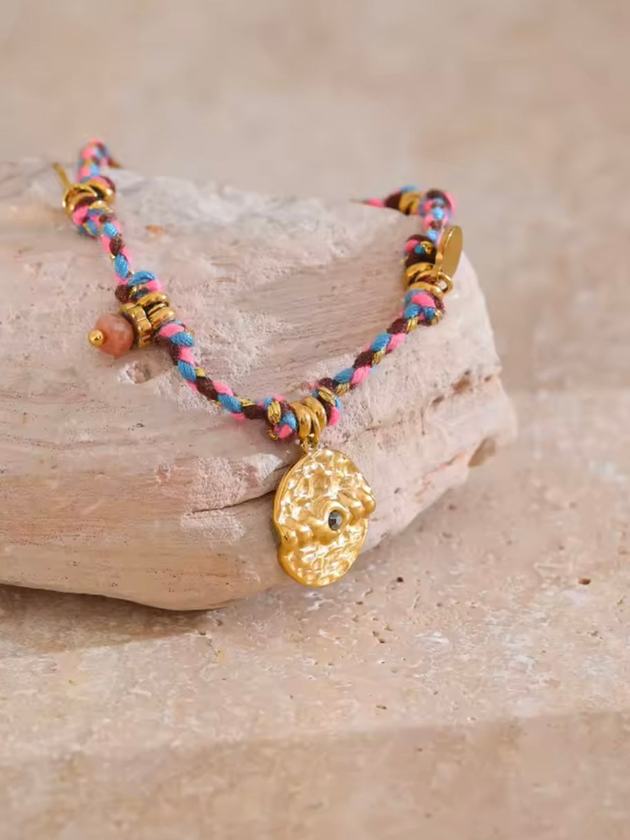 Boho Edelstahl Armband mit Natursteinen & Medaillon