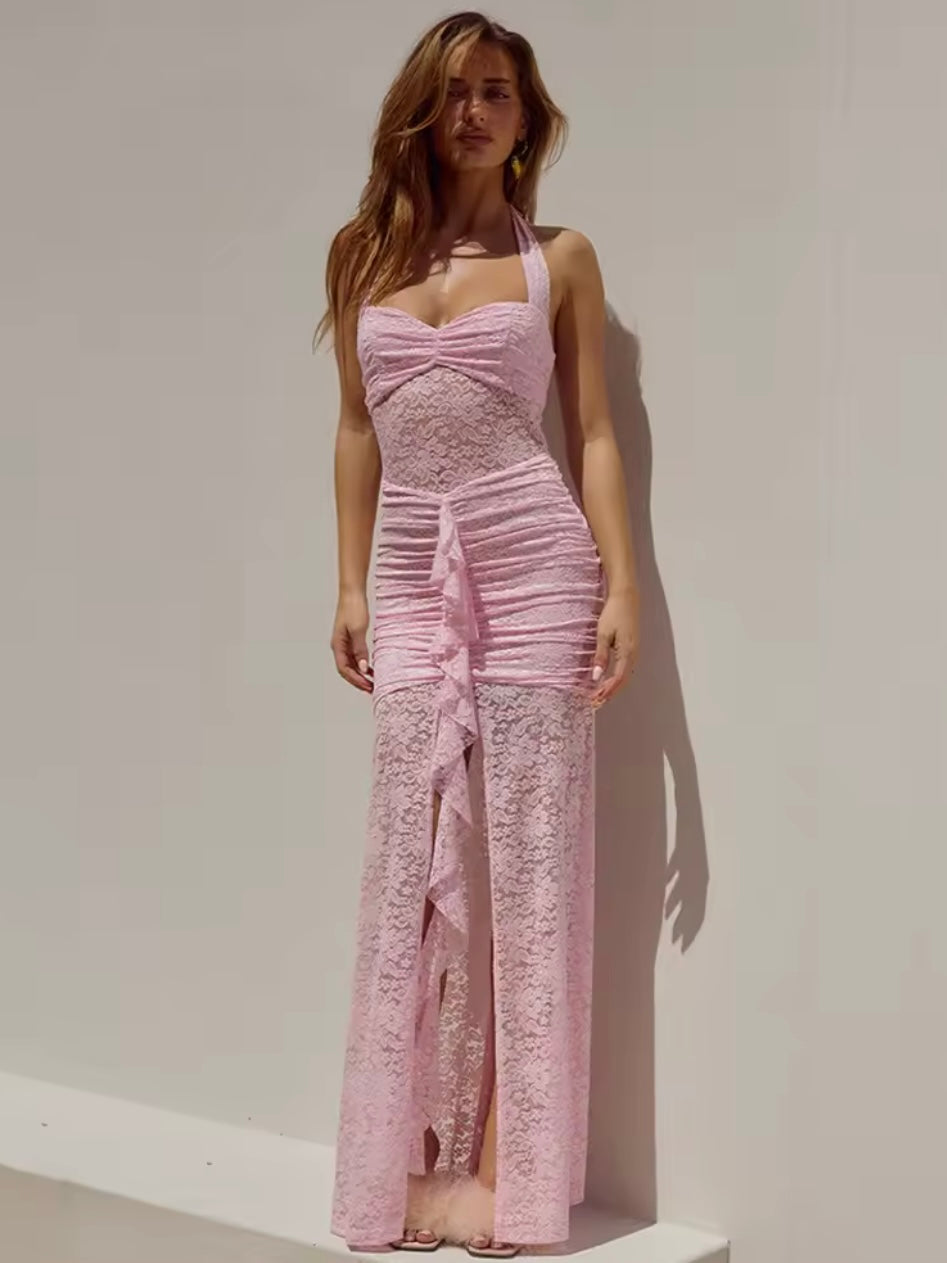Langes Spitzenkleid mit Schlitz