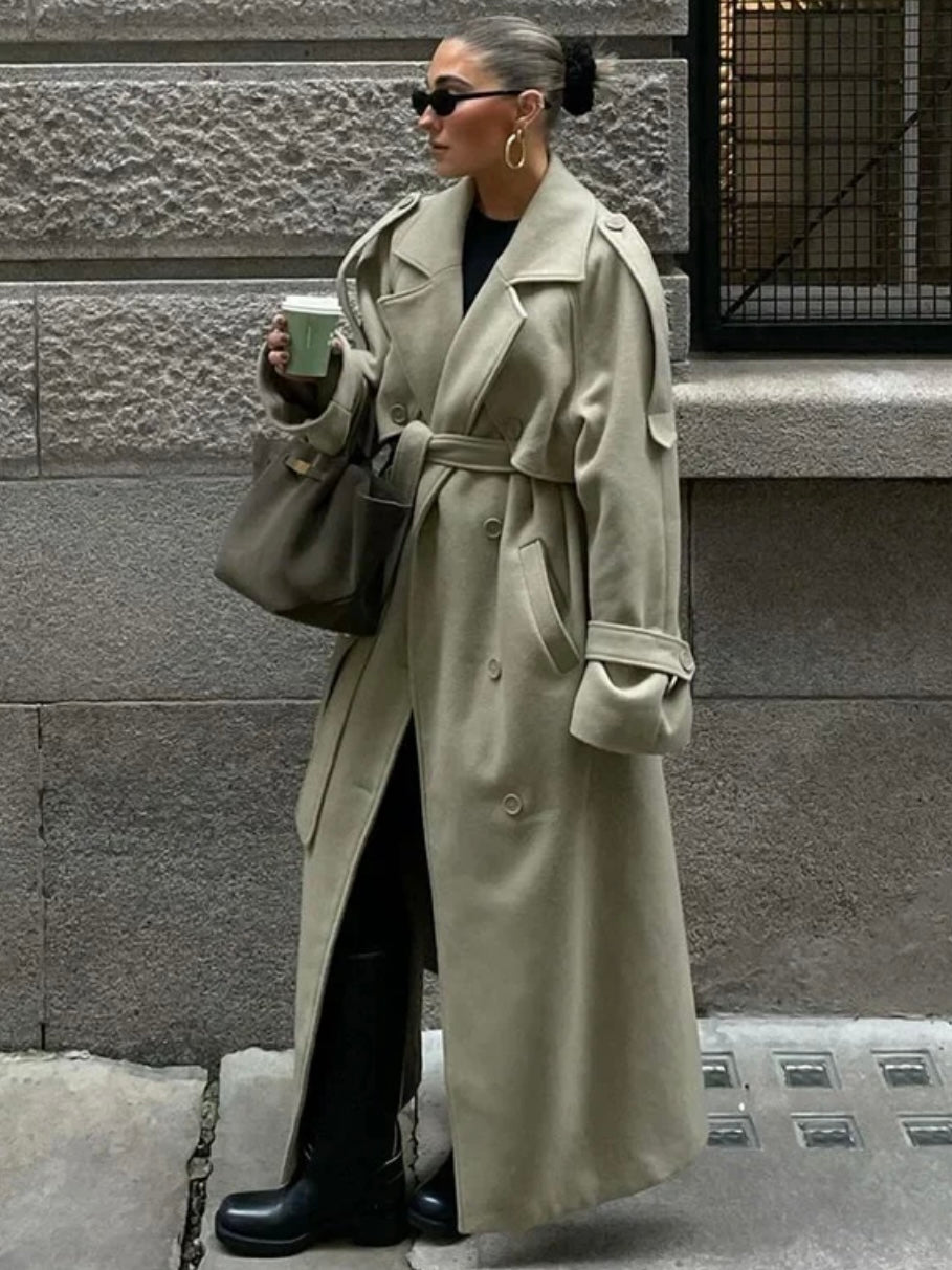 Salbeigrüner Maxi-Trenchcoat