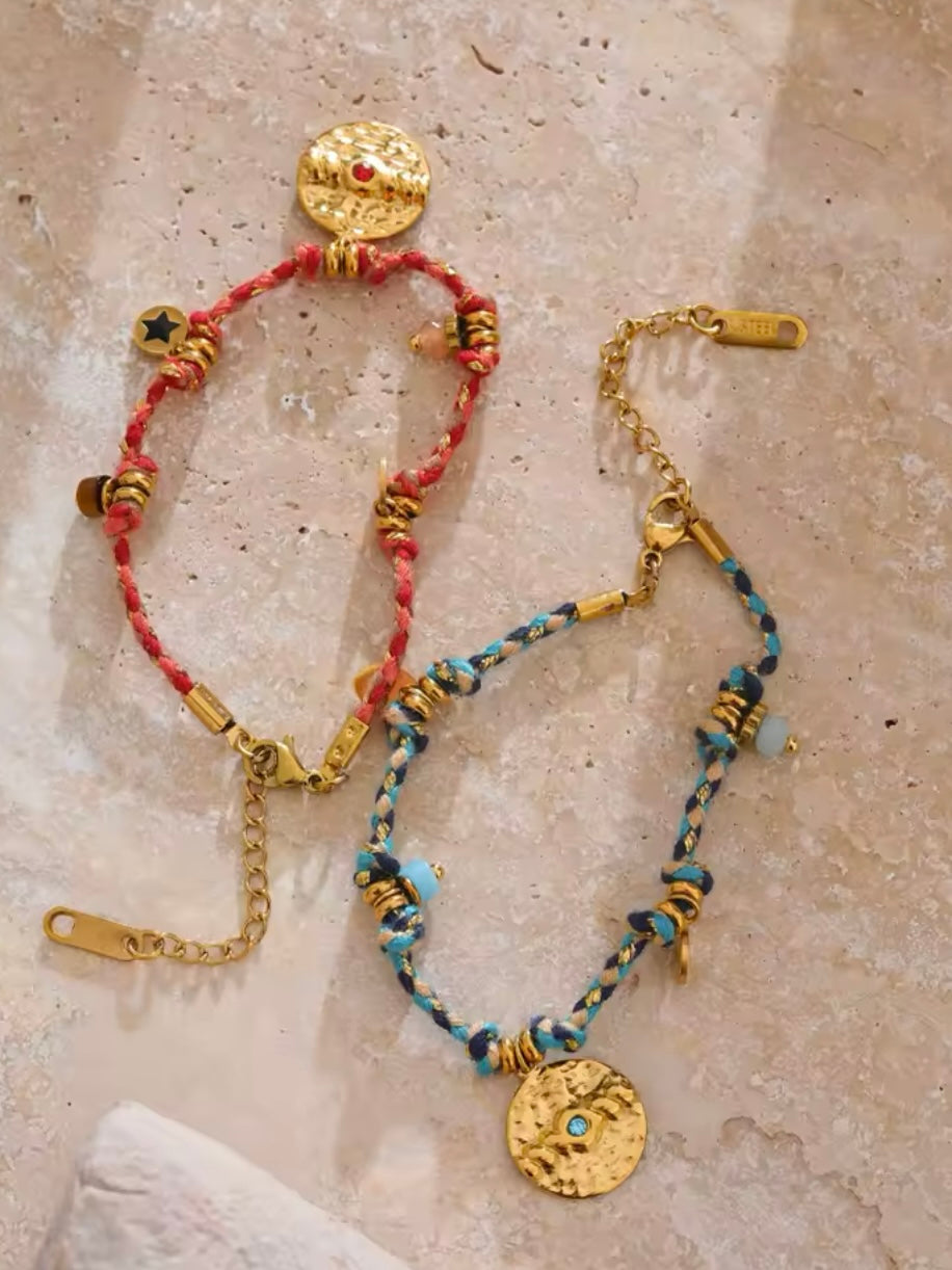 Boho Edelstahl Armband mit Natursteinen & Medaillon