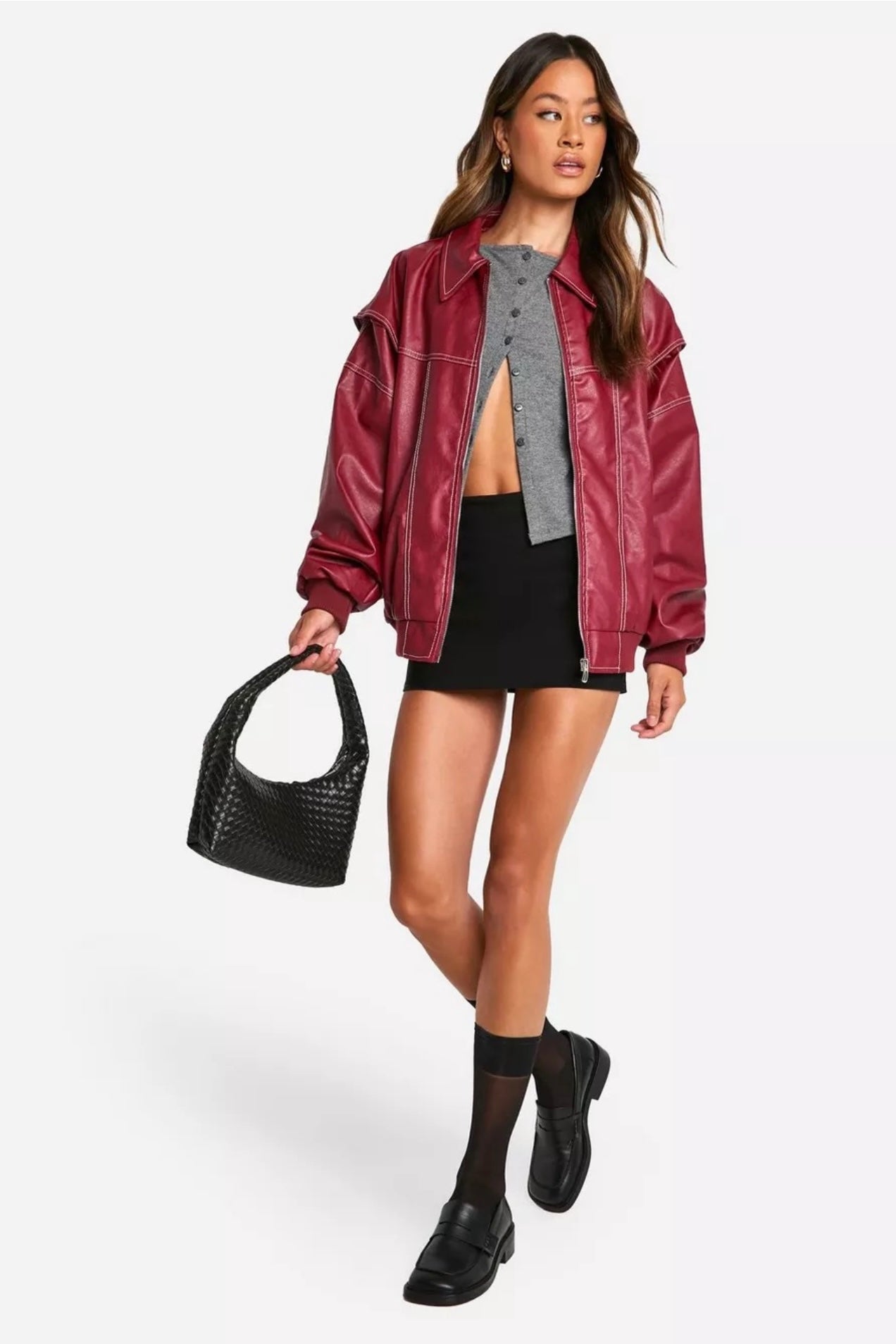 Kirschrote ECO Lederjacke mit ausgestelltem Kragen