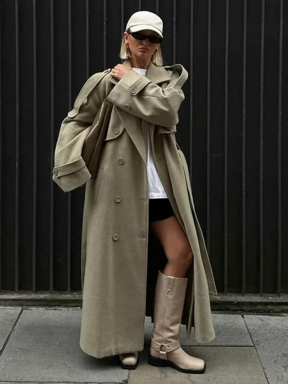 Salbeigrüner Maxi-Trenchcoat