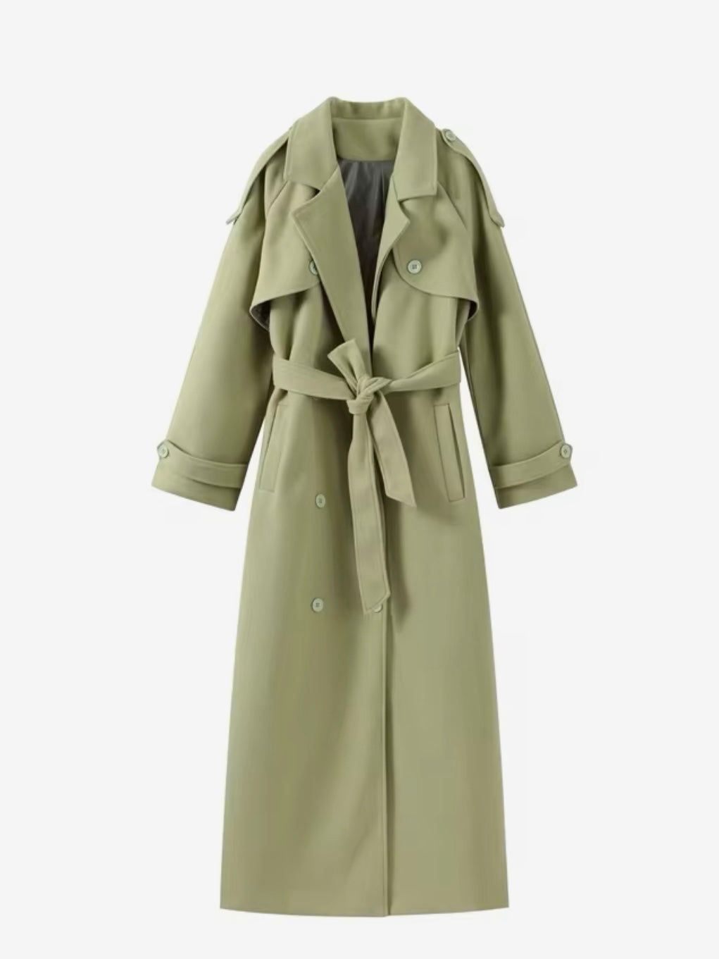 Salbeigrüner Maxi-Trenchcoat