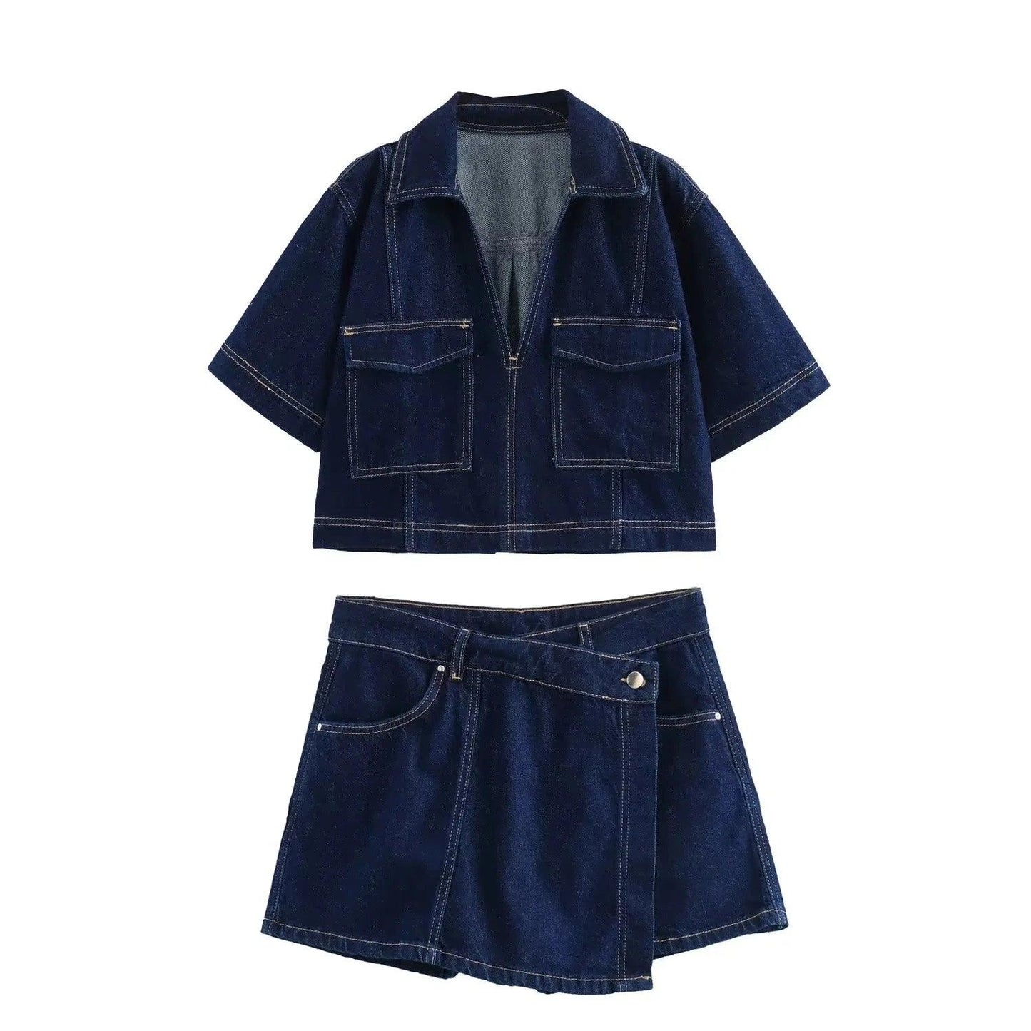 Zweiteiliges Denim Outfit mit Kurzarmjacke und Hosenrock - Sorentis