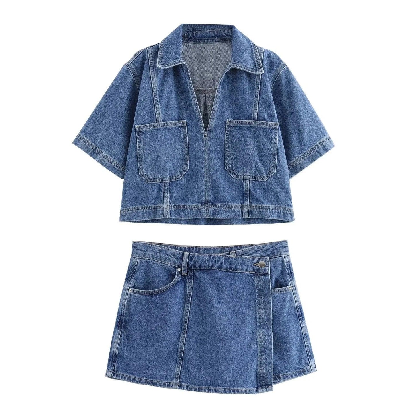 Zweiteiliges Denim Outfit mit Kurzarmjacke und Hosenrock - Sorentis
