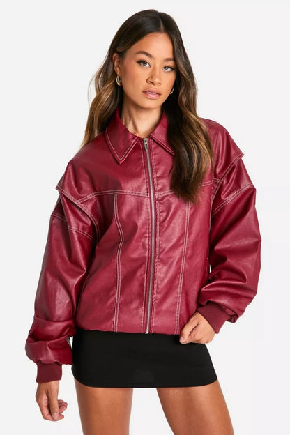 Kirschrote ECO Lederjacke mit ausgestelltem Kragen