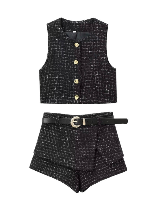Tweed-Zweiteiler taillierte Weste mit einem Hosenrock