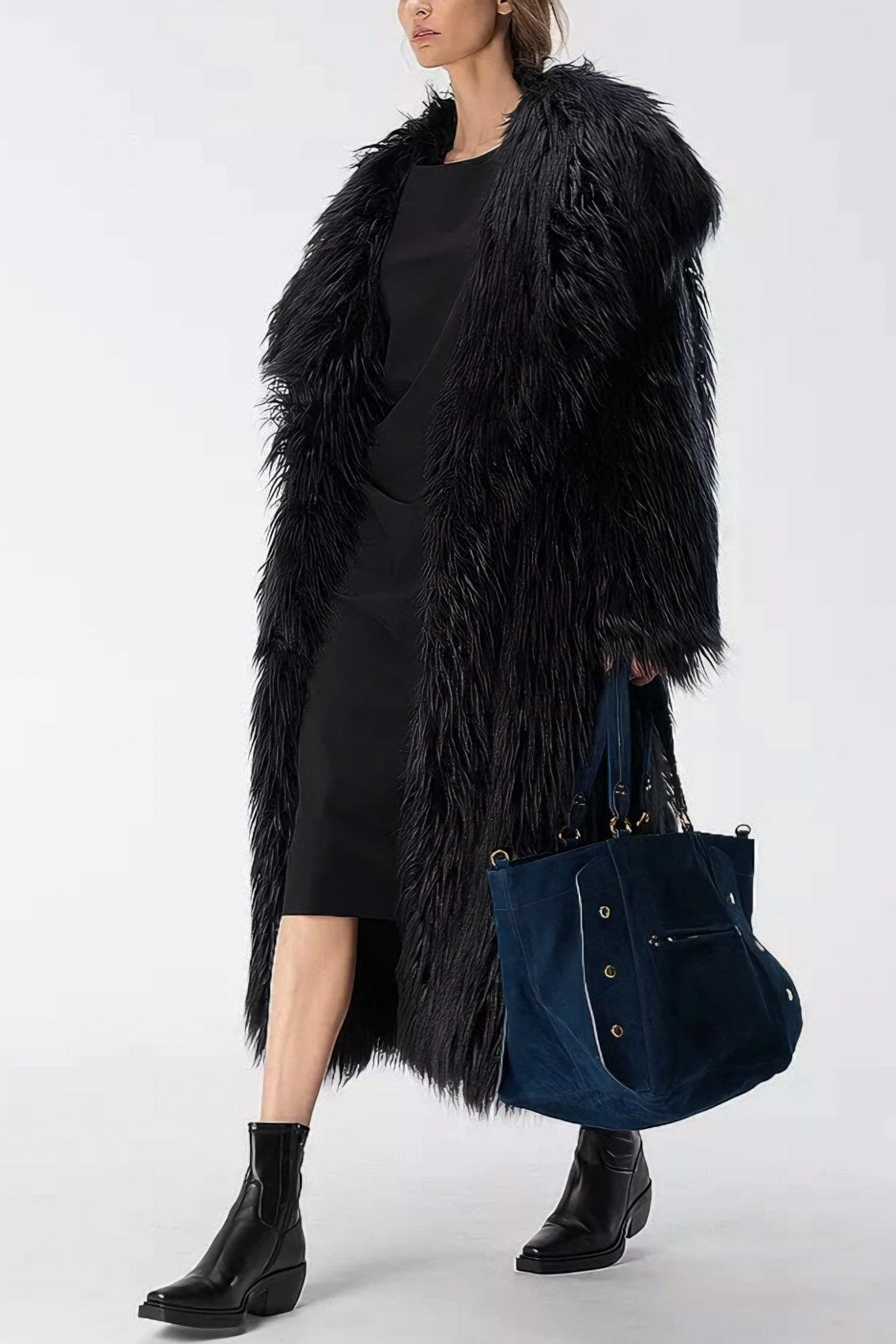 Mongolischer Faux-Fur Maxi Mantel mit Gürtel