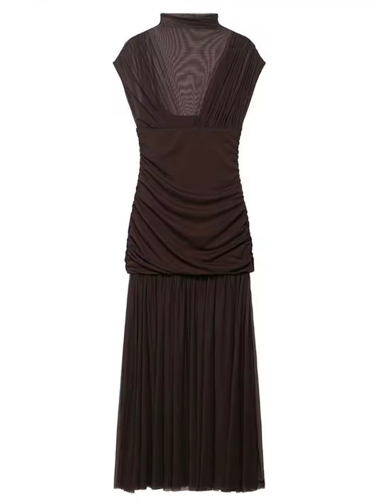 Langes Mesh Kleid mit Raffungen und transparenten Details