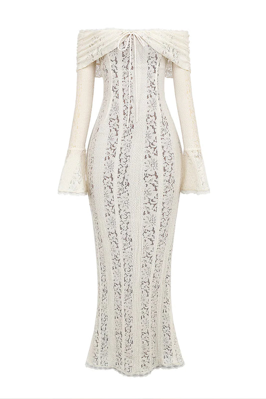 Schulterfreies Maxikleid aus Spitze mit Unterkleid