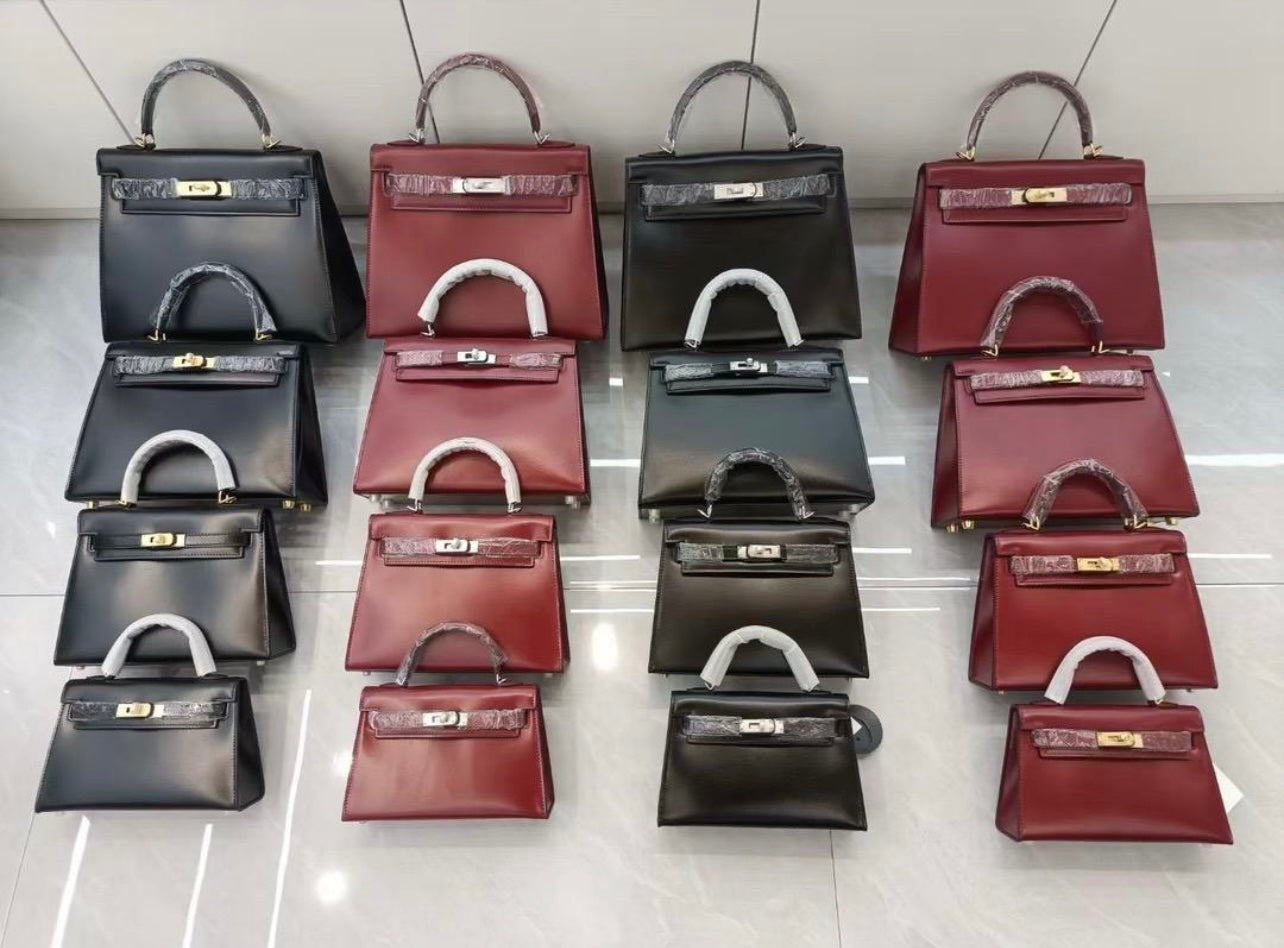 100% Echtleder Box-Klassiker-Handtasche in Dunkelrot