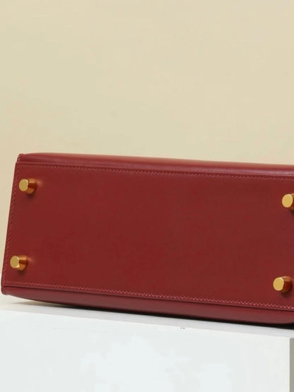 100% Echtleder Box-Klassiker-Handtasche in Dunkelrot