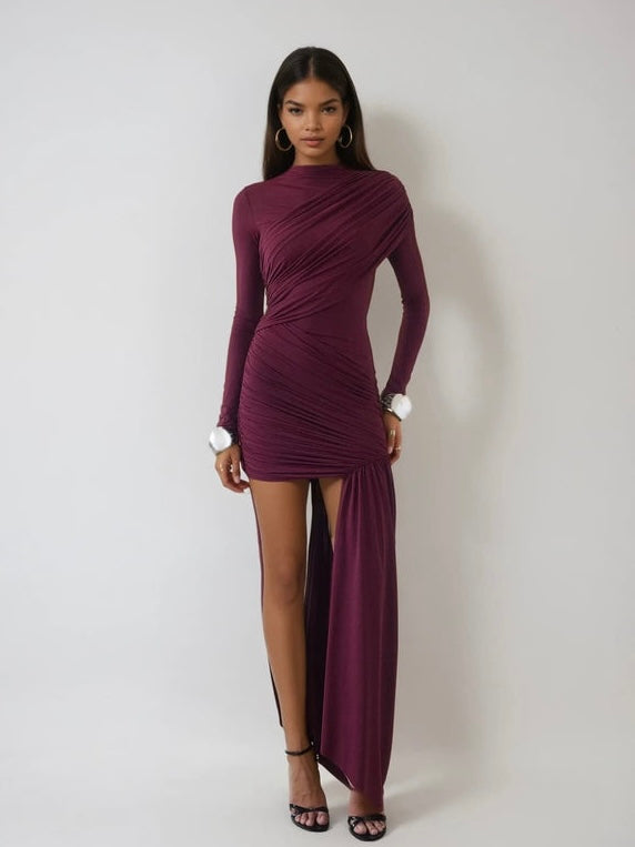 Asymmetrisches Drapiertes Minikleid mit Beinschlitz – Bordeaux