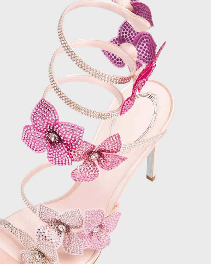 Elegante Damen-Sandalen mit floralen Glitzerdetails und Wickelriemen