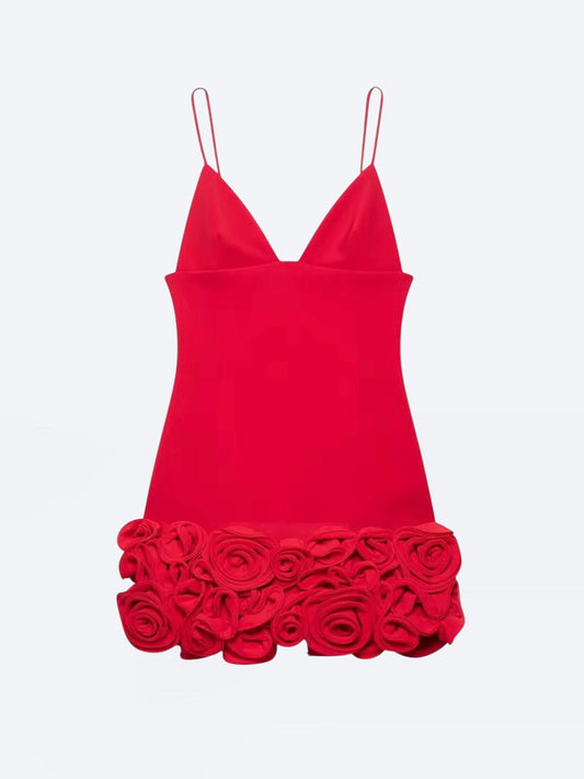 Minikleid in Rot mit 3D-Blumen-Rüschen