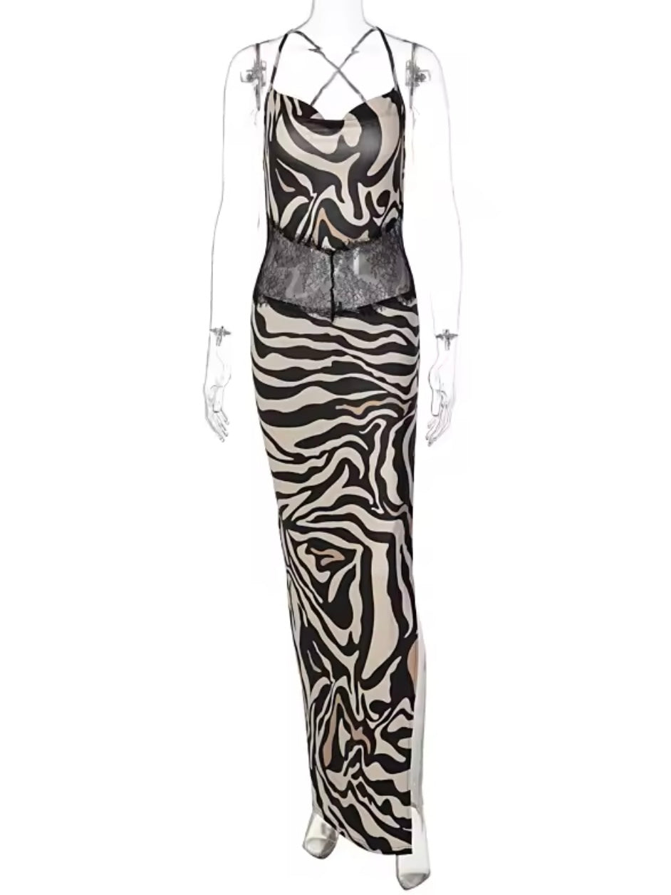 Cocktailkleid mit Spitzeneinsatz und Animalprint
