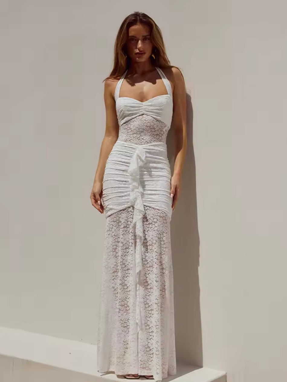 Langes Spitzenkleid mit Schlitz