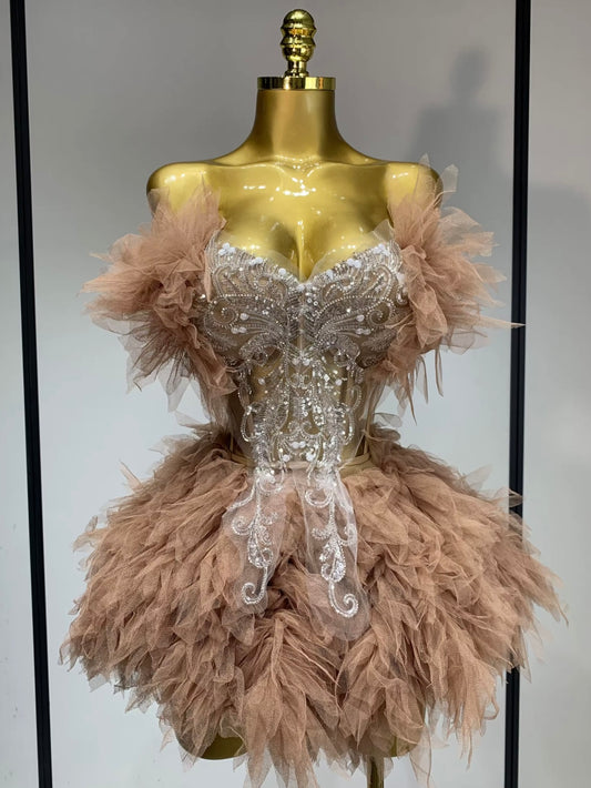 Cocktailkleid mit Rückenschnürung, Tüllbesatz & Strassverzierung