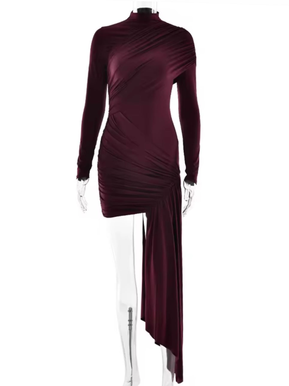 Asymmetrisches Drapiertes Minikleid mit Beinschlitz – Bordeaux