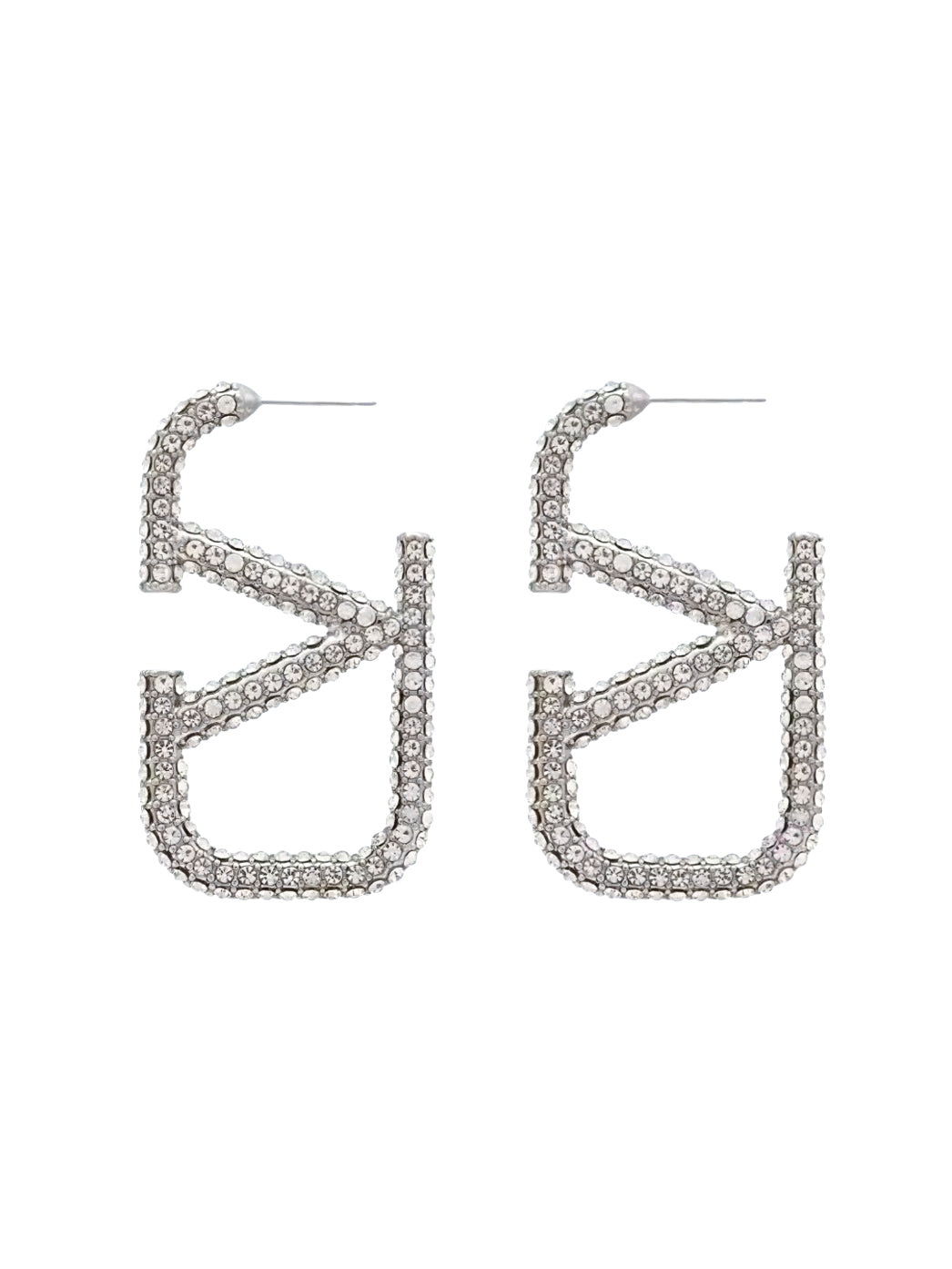 Silberfarbene Statement-Ohrringe aus Kupfer mit Strass im Valentino-Dupe-Design, geometrische Form