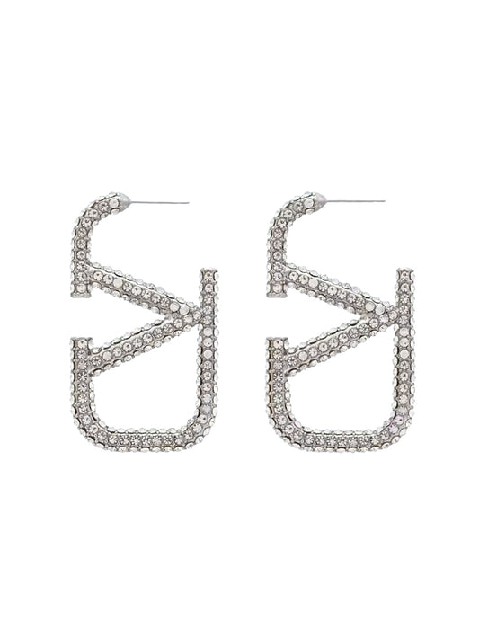 Silberfarbene Statement-Ohrringe aus Kupfer mit Strass im Valentino-Dupe-Design, geometrische Form