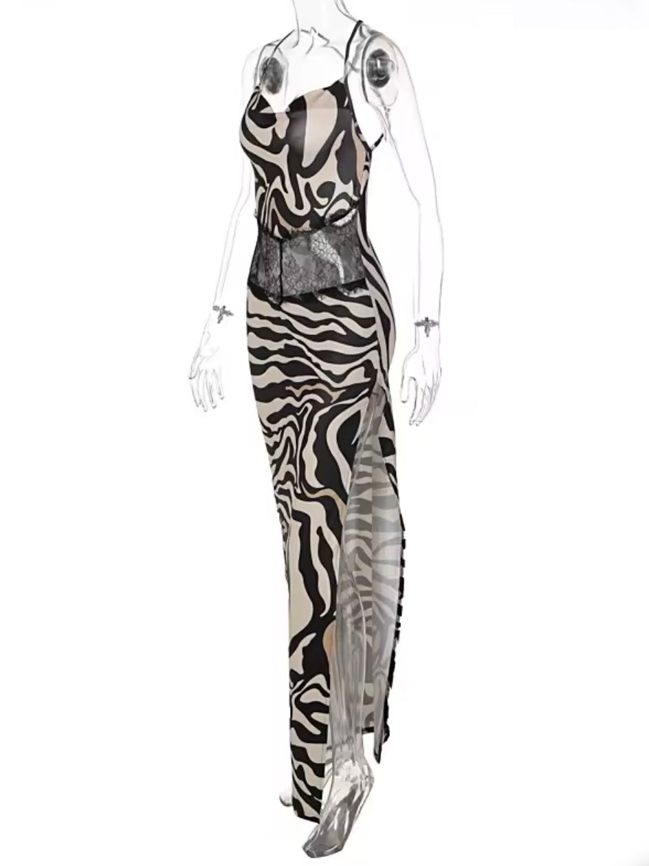 Cocktailkleid mit Spitzeneinsatz und Animalprint