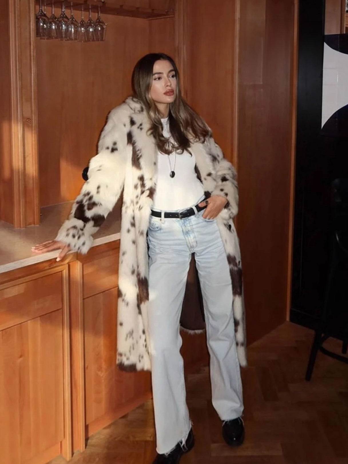 Kuhfell Kunstpelz Maxi Mantel mit Animalprint