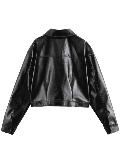 Glanz Kunstleder Hemd-Jacke mit Taschen und ausgestelltem Kragen