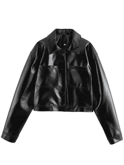 Glanz Kunstleder Hemd-Jacke mit Taschen und ausgestelltem Kragen