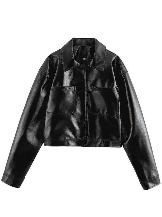 Glanz Kunstleder Hemd-Jacke mit Taschen und ausgestelltem Kragen