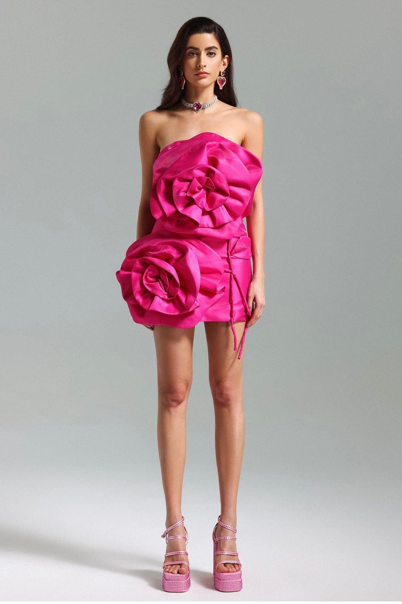 Trägerloses Mini-Kleid mit Blumenapplikationen und Rückenschnürung - Sorentis