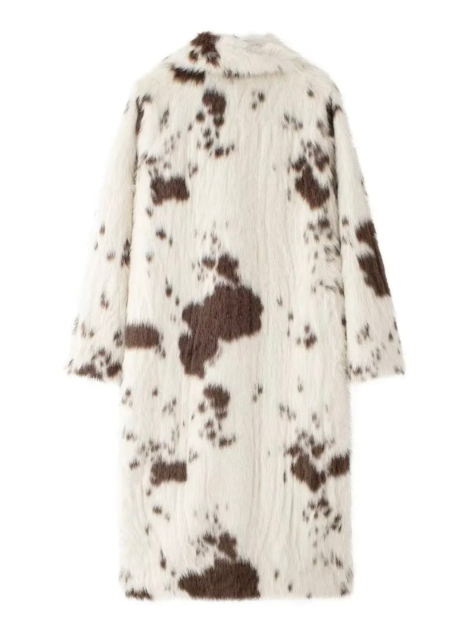 Kuhfell Kunstpelz Maxi Mantel mit Animalprint