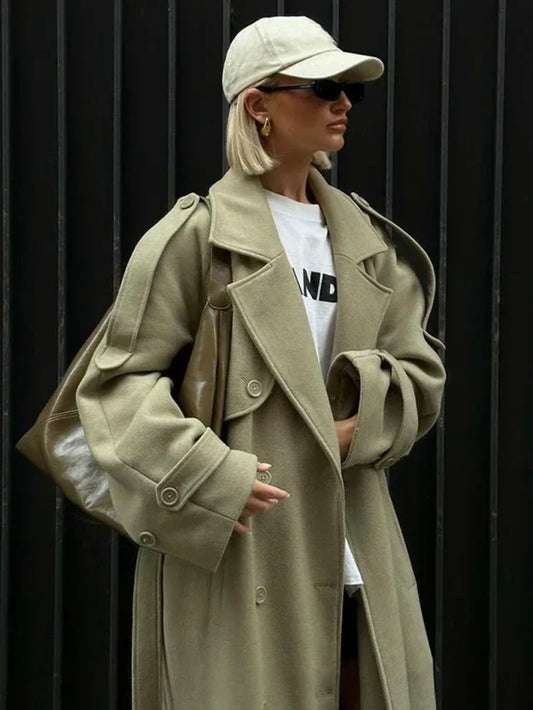 Salbeigrüner Maxi-Trenchcoat