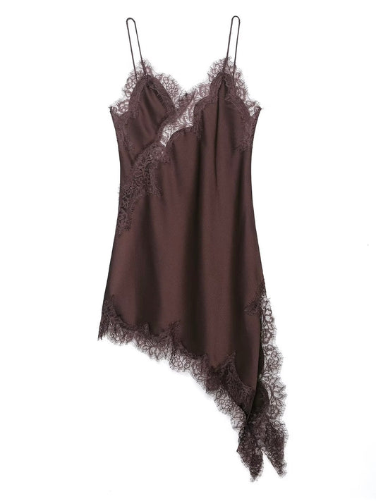 Spaghettiträger Satin Kleid mit Spitze