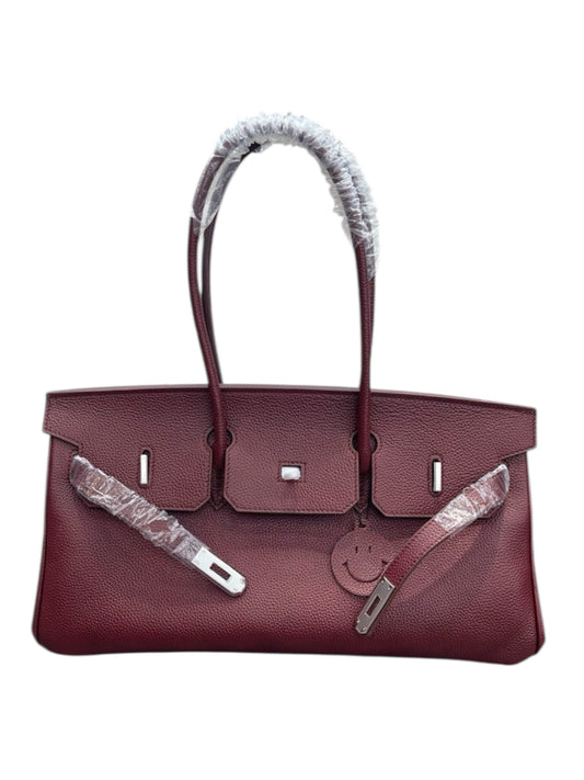 100% Echtleder Handtasche Klassiker 42cm, Silber Verschluss + Schloss, Bordeaux