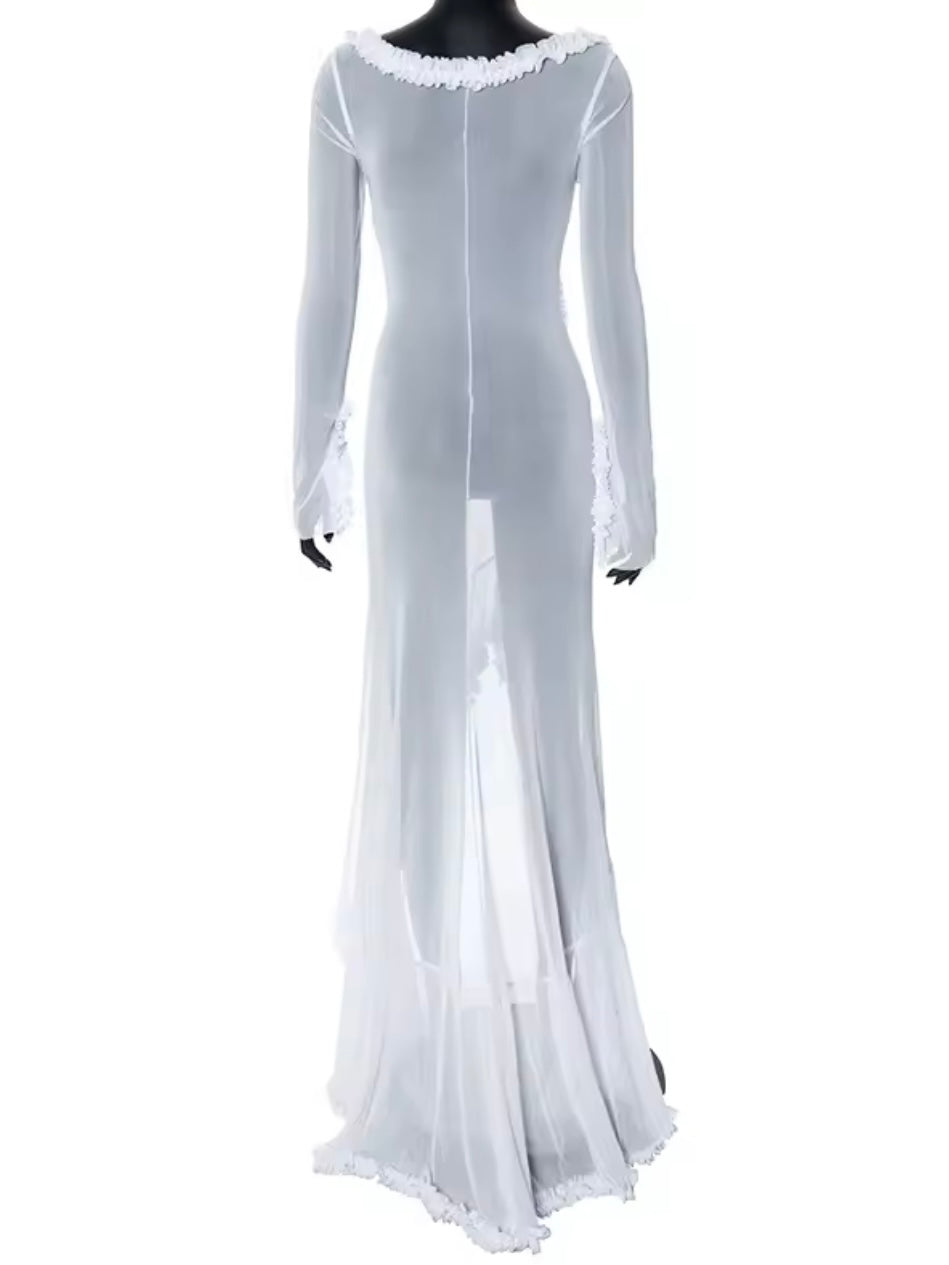 Fliesendes Meshkleid mit Rüschen-Saum