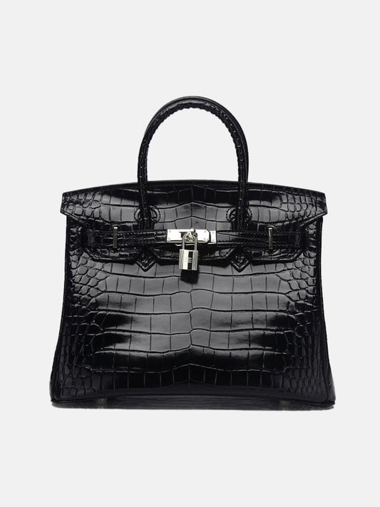 Schwarze Crocodile Handtasche 25 mit Silber-Details Echtleder