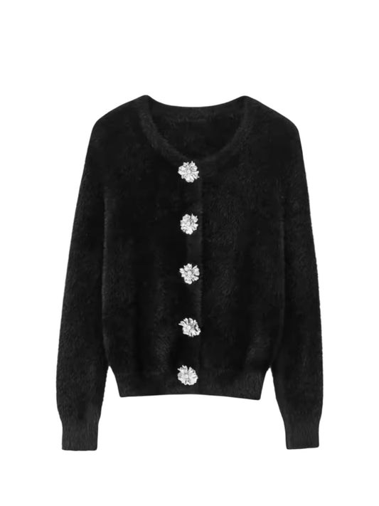 Flauschiger Cardigan mit Dekor Knöpfen