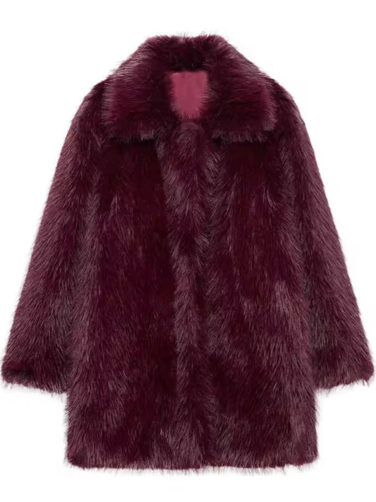 Mittellanger Kunstpelz Mantel in Dunkelrot