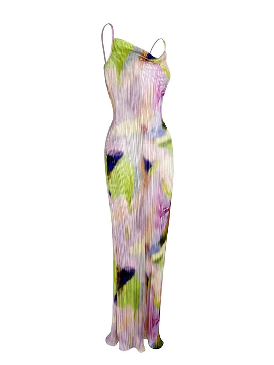 Plissiertes Maxikleid mit Wasserfall-Dekolleté