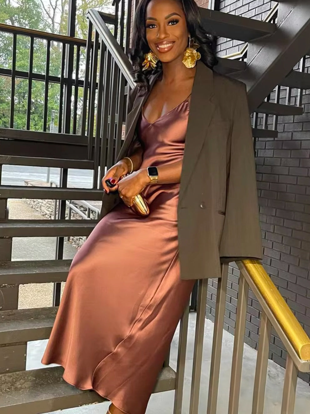 Spaghettiträger Satin Maxi-Kleid
