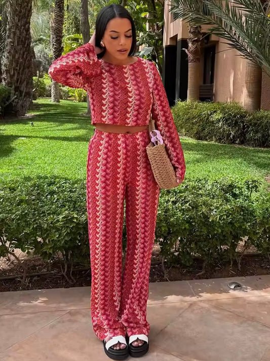 Boho Zweiteiler mit Retro-Häkelmuster in Rot