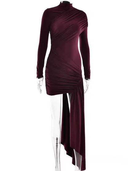 Asymmetrisches Drapiertes Minikleid mit Beinschlitz – Bordeaux