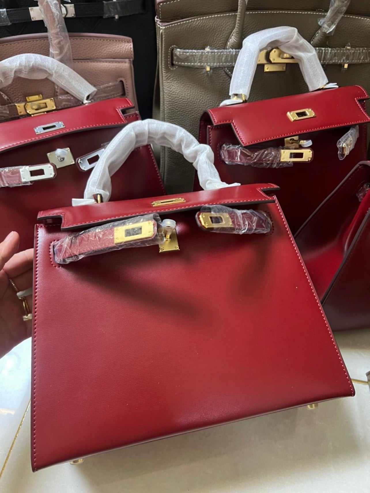 100% Echtleder Box-Klassiker-Handtasche in Dunkelrot