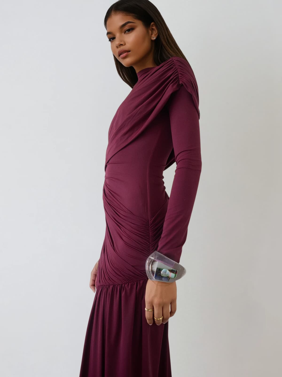 Asymmetrisches Drapiertes Minikleid mit Beinschlitz – Bordeaux