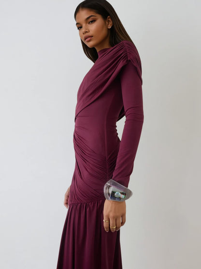 Asymmetrisches Drapiertes Minikleid mit Beinschlitz – Bordeaux