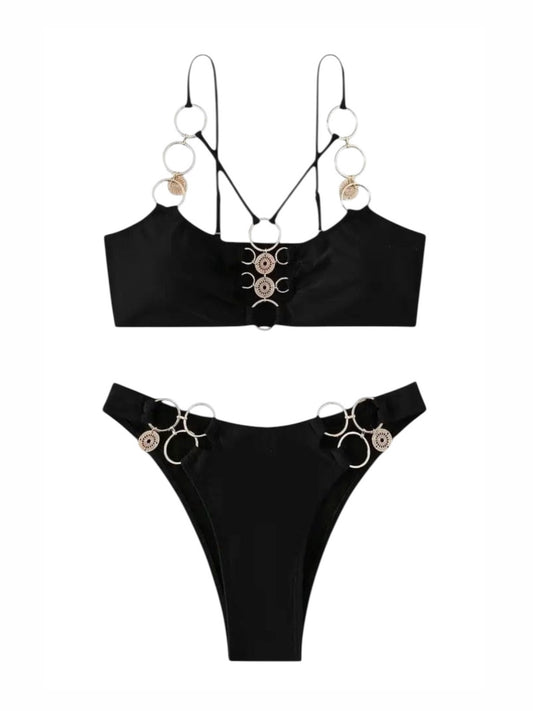 Ibiza Luxe Bikini Noir - Schwarzer Bikini mit Goldringen